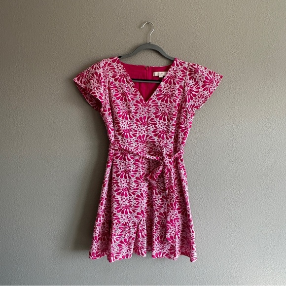 Loft Pink Eyelet Lace Cotton Tie Waist Midi Dress 8P - Picture 1 of 13
